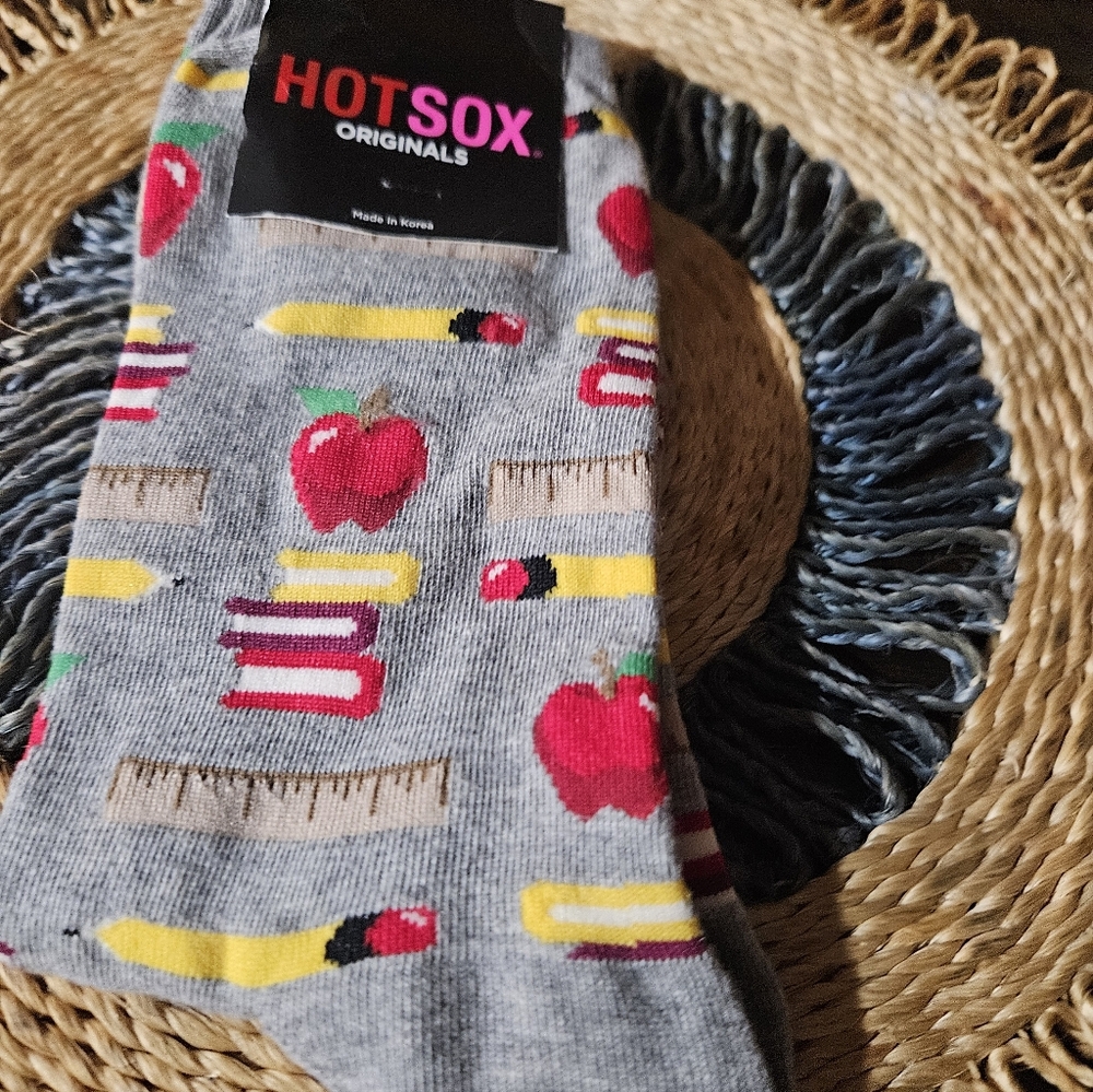 Hot Sox Gray Crew Socks with Red Apples & Yellow Pencils